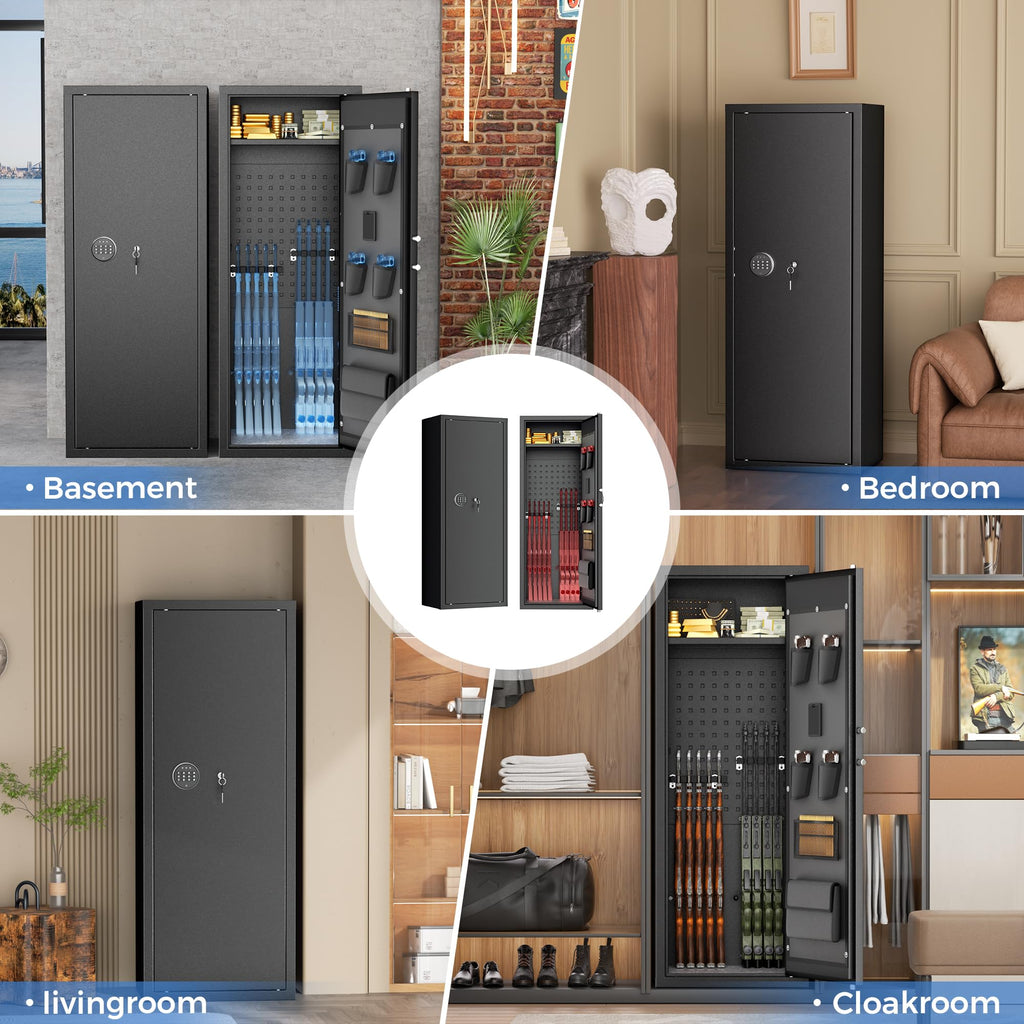 Greenvelly 10-14 Waffenschrank für Gewehre und Pistolen, feuerfester Waffenschrank mit Schnellverschluss, verstellbaren Regalen und Taschen, abschließbarer Waffenschrank mit Gewehrhalterung für Zuhause und Schrotflinte (Schwarz)