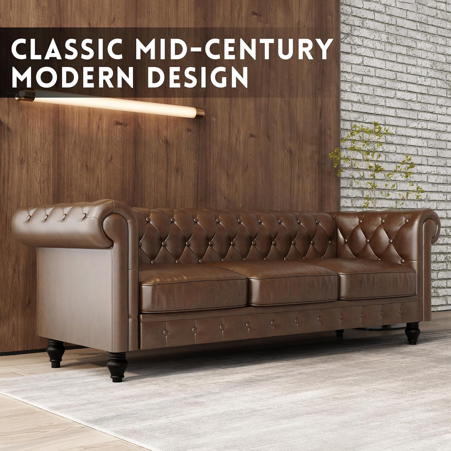 Leather Brown Sofa for Living Room Chesterfield 3 Seater Couch Sofa Comfortable Soft Sturdy Durable Furniture for Office Bedroom Apartment Hotel Place (03-Brown-80)