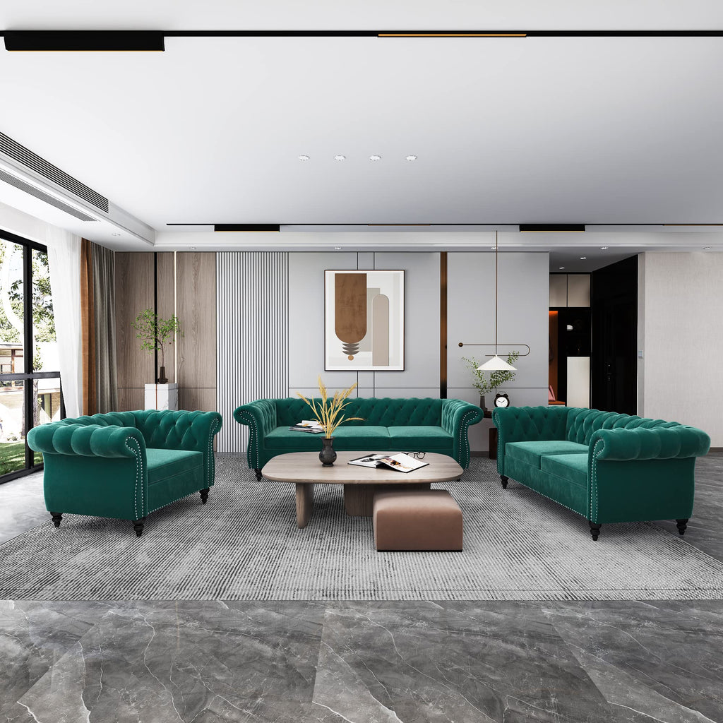 QHITTY 3 Piece Living Room Set, Sectional Chesterfield Sofa Chair Contemporary Upholstered Leather Loveseat Couch Sets for Living Room, Bedroom, Office