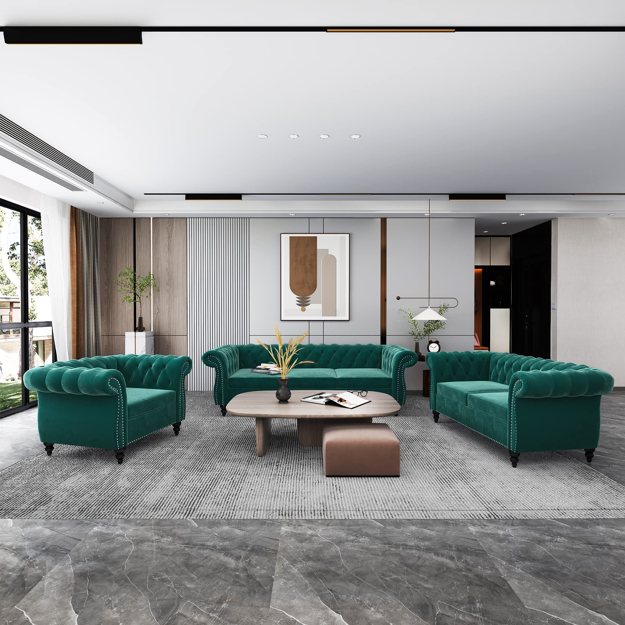 QHITTY 3 Piece Living Room Set, Sectional Chesterfield Sofa Chair Contemporary Upholstered Leather Loveseat Couch Sets for Living Room, Bedroom, Office