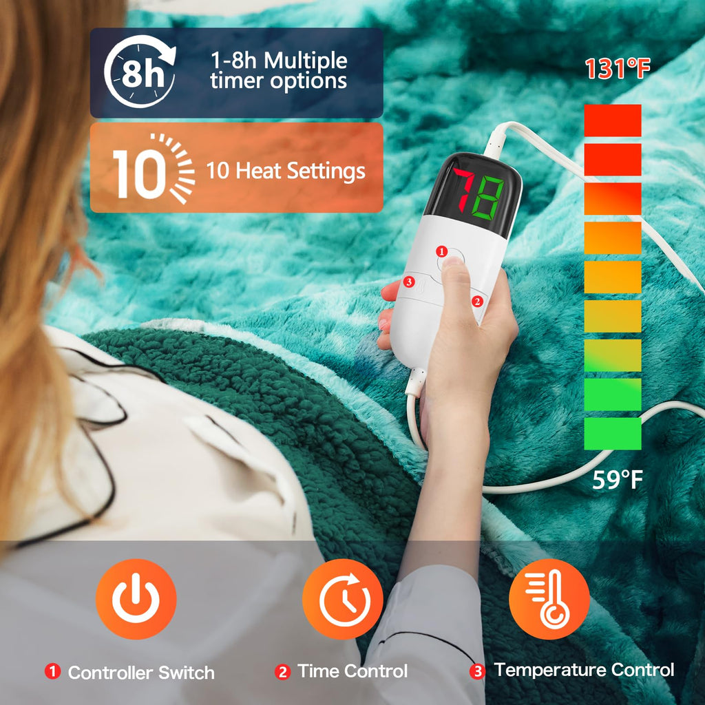 Manta Elétrica Aquecida OCTROT - Manta de Aquecimento em Sherpa de Lã para Sofá, Manta de Aquecimento de Pelo Sintético para Colo com Temporizador de 5 Posições e 10 Níveis de Aquecimento, Certificação ETL&FCC, para Adultos