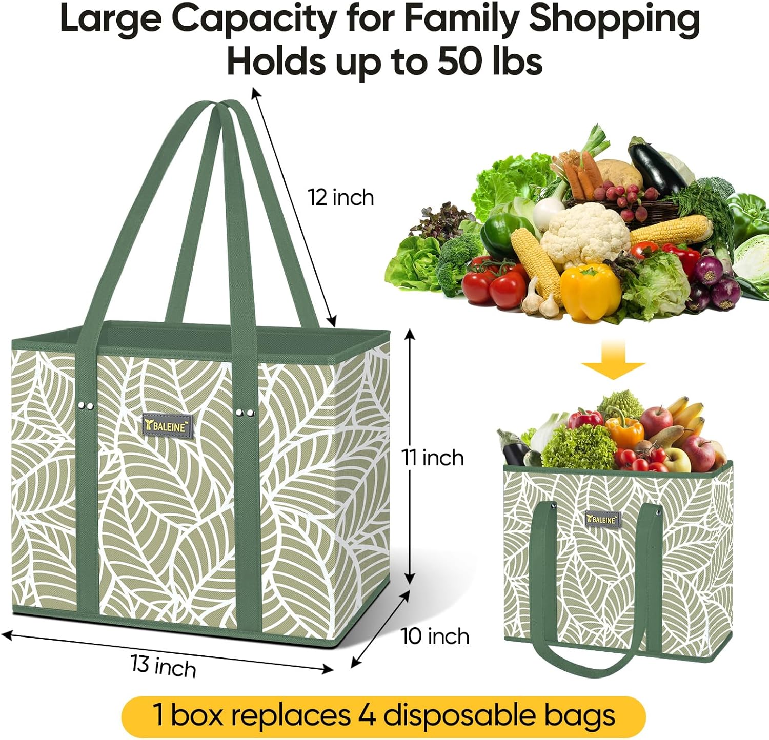 BALEINE 3Pk Reusable Grocery Bags, Foldable Shopping Bags for Groceries with Reinforced Bottom & Handles (Antique Foliage)