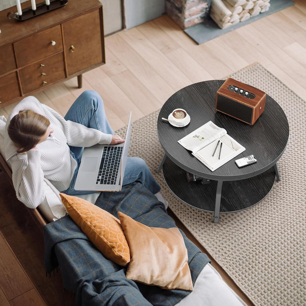 Round Coffee Table, Circle Wood Coffee Tables for Living Room, 2 Tier Industrial Modern Center Table with Thickened Tabletop and Metal Frame, 31.5 inch (Black)