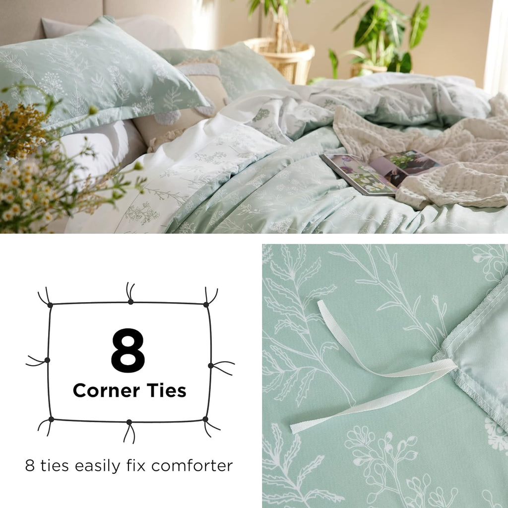 Bedsure Duvet Cover Queen Size - Reversible Floral Duvet Cover Set with Zipper Closure, Green Bedding Set, 3 Pieces, 1 Duvet Cover 90"x90" with 8 Corner Ties and 2 Pillow Shams 20"x26" - Grand Goldman