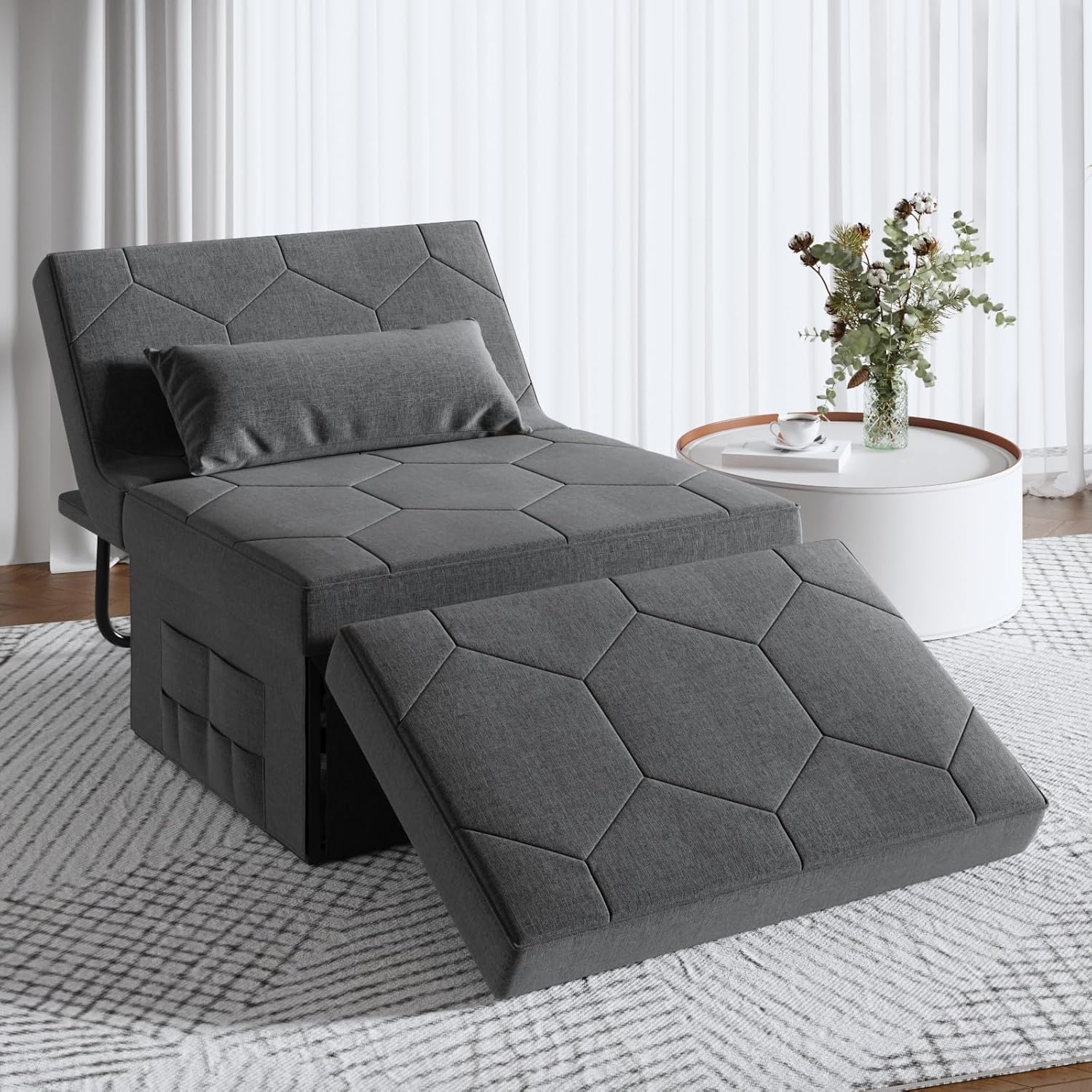 4 in 1 Sleeper Chair, Convertible Sleeper Sofa with Ottoman, Ottoman Bed for Adults, Sofa Bed with Adjustable Backrest for Living Room Apartment Office, Dark Grey