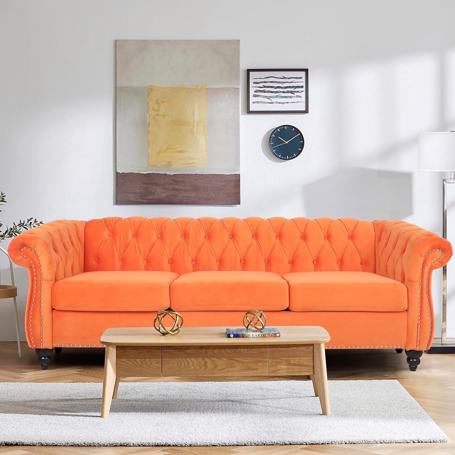 Home Sofa Living Room Furniture, 3 Seater 84" Velvet Upholstered Couch, Mid Century Modern Comfy Couch with Cushions, Classic Tufted Chesterfield Couches for Bedroom, Office, Apartment (Orange)