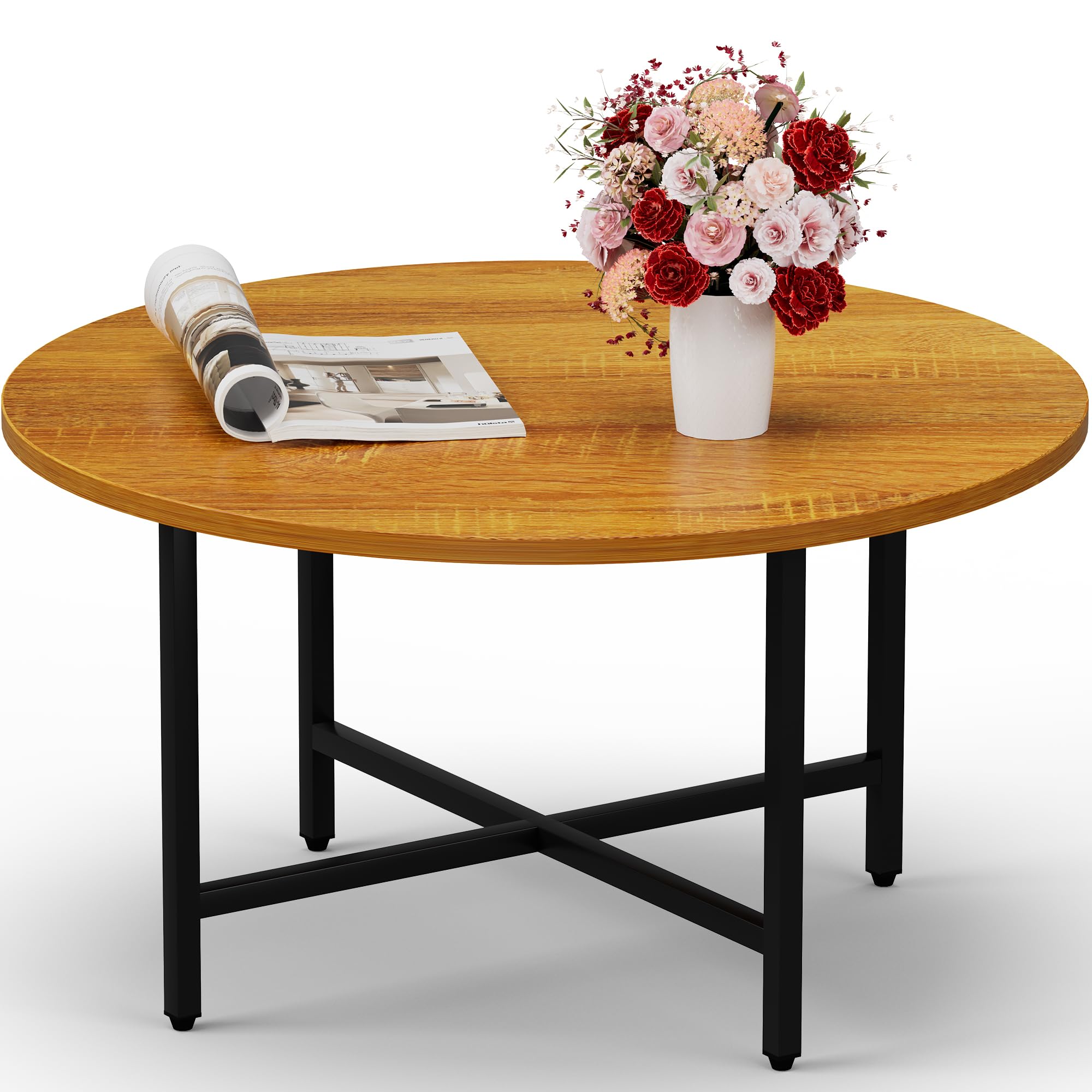 Coffee Table, 23.6" Coffee Tables for Living Room, Round Coffee Table with Metal Frame, Floor Table for Sitting on The Floor, Home, Office, Black