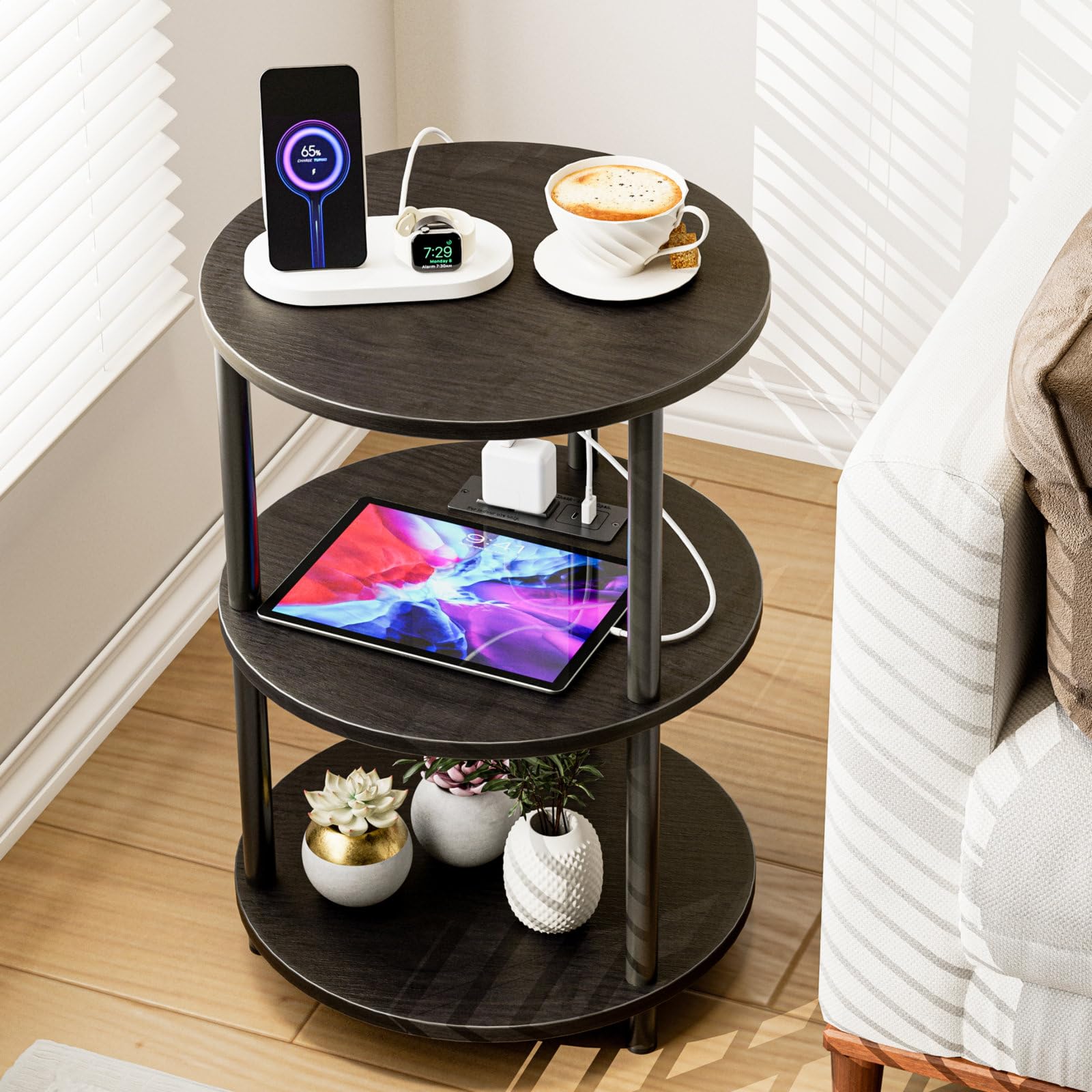 Small Round End Table - 3 Tier Design Accent Table, Narrow Side or Bedside Stand, Industrial Vintage Nightstand for Bedroom, Living Room, or Small Spaces, Rustic Brown