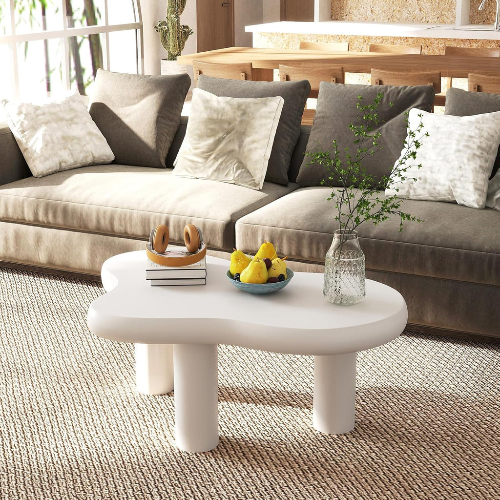 HollyHOME Cloud Coffee Table, Unique Design Accent Table for Living Room and Bedroom, Stylish and Functional Furniture Piece-Durable and Easy to Clean, Free Shape with 3 Legs, 33.9in, Cream White
