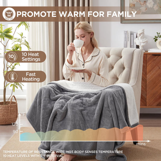 Westinghouse Heated Blanket Queen Size, Soft Flannel to Sherpa Electric Blanket with 10 Heating Levels, 12 Hours Auto Off, Fast Heating Blanket, Machine Washable, 84x90 Inch, Charcoal