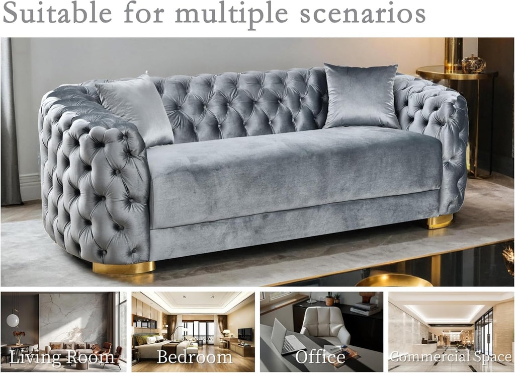 THSUPER 89'' Luxury Velvet Chesterfield Couch, 3 Seater Vintage Button Tufted Victorian Sofa with Wide Armrest, Grey Modern Sofas with 2 Pillows and Gold Metal Legs for Living Room,Office, Hotel