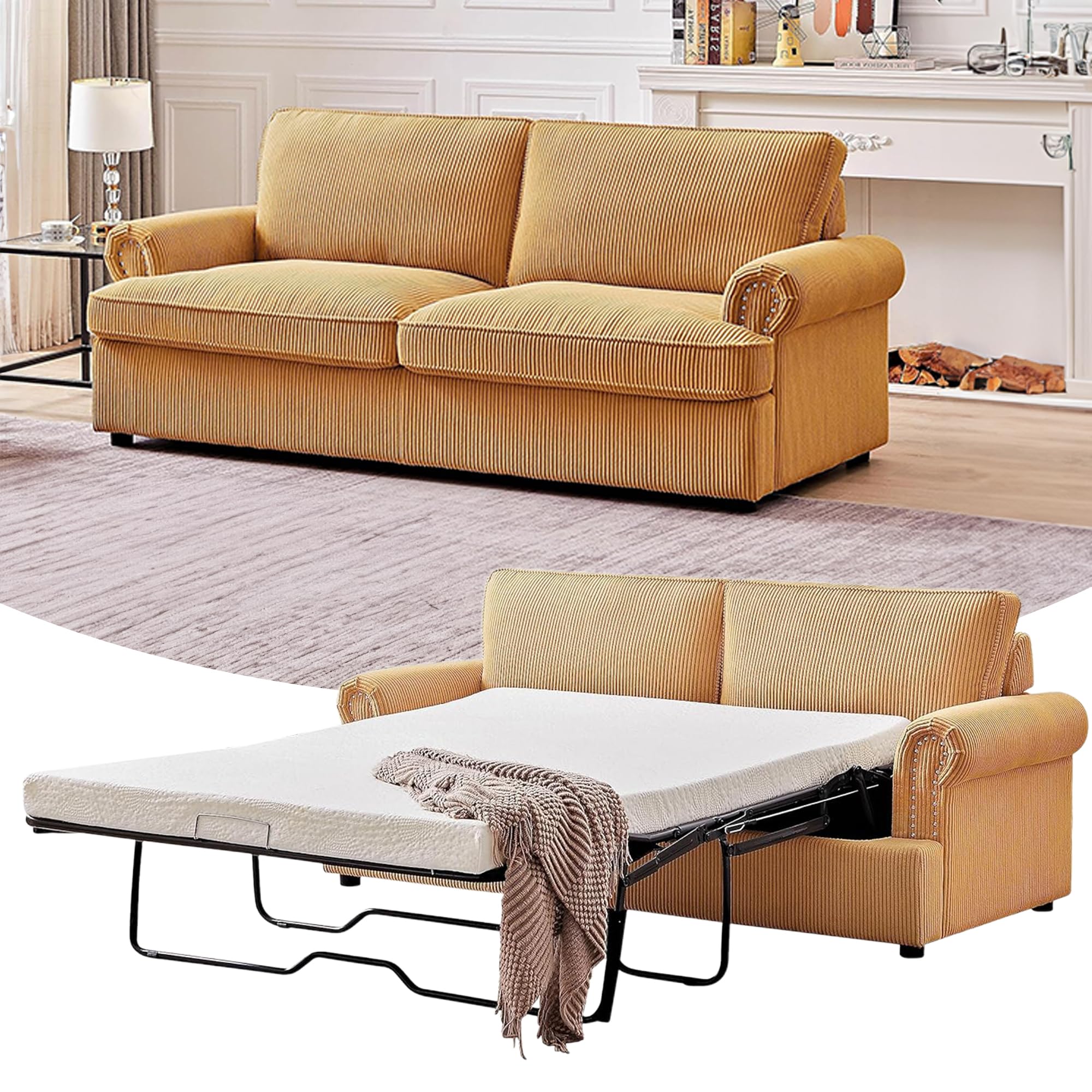 Reversible Sleeper Sofa Bed with Comfortable Memory Foam Mattress, Convertible Corduroy Full Size Pull Out Couch for Living Room, Space Saving Furniture, 70" Wide, Rounded Arms, Dark Green