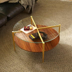 Saint Mossi Glass Round Coffee Table for Living Room, Middle-Century Modern Style, Coffee Brown Glass Top & Walnut Brown MDF Wood Top, with Gold Finish Legs & Frame