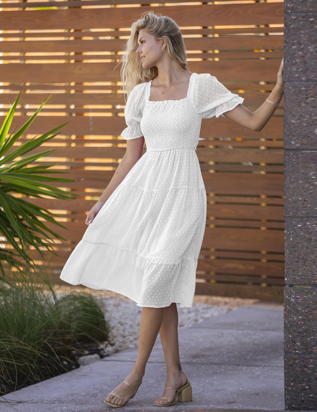 MEROKEETY Women's 2023 White Dress Summer Square Neck Puff Sleeve Boho Midi Dress Swiss Dot Ruffle Flowy Tie Back Dress, White, S