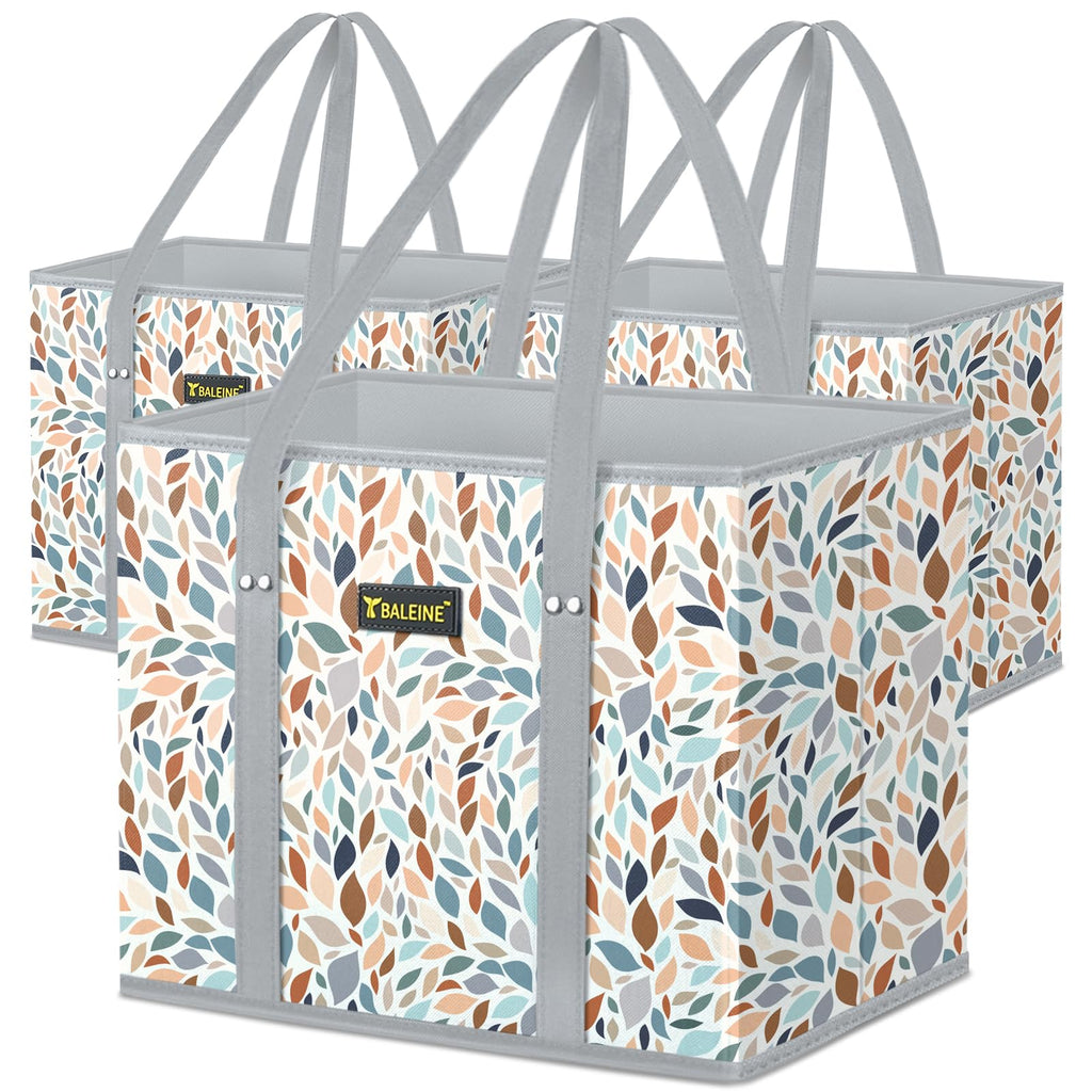 BALEINE 3Pk Reusable Grocery Bags, Foldable Shopping Bags for Groceries with Reinforced Bottom & Handles (Antique Foliage)