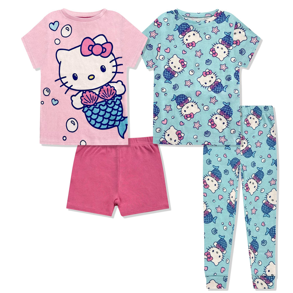 Hello Kitty Pige 4-delt Pyjamasæt - Kortærmet Skjorte, Shorts & Bukser - 100% Bomuld Børne Nattøj - Officiel Licens Pink Blå