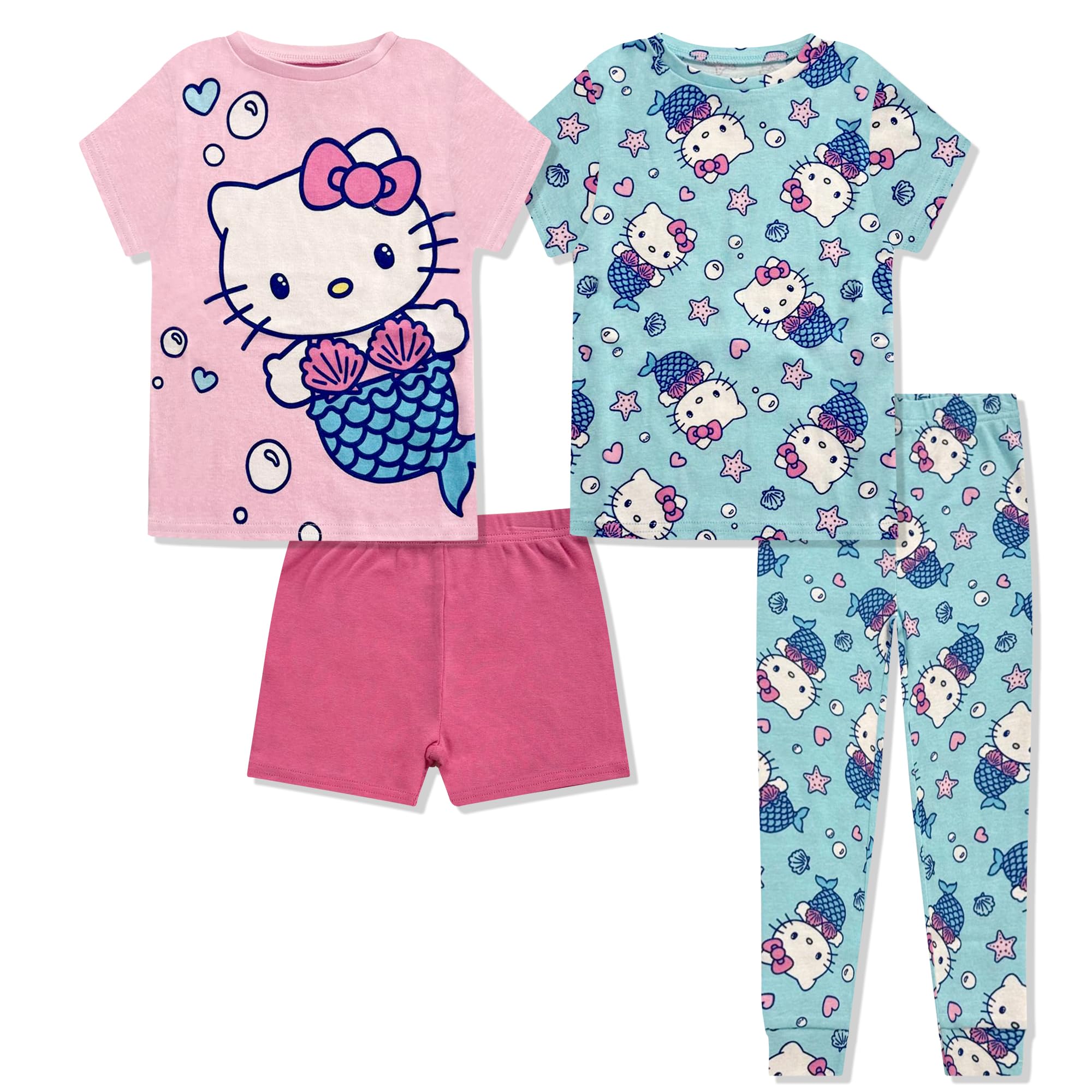 Hello Kitty Girls 4 Piece Pajama Set - Short Sleeve Shirt, Shorts & Pants - 100% Cotton Kids Sleepwear - Official License Pink Blue