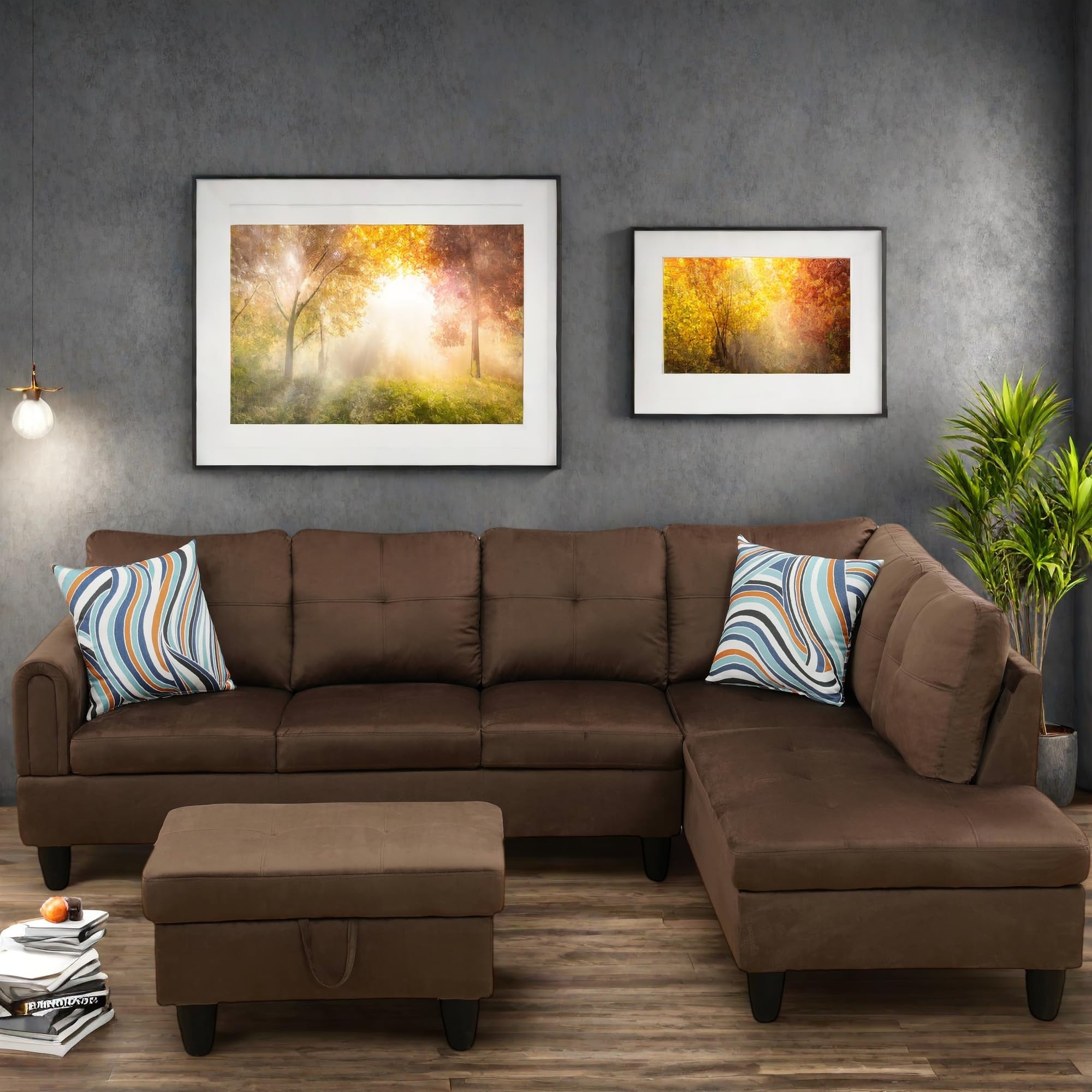 L Shaped Couch, Lounge Sectional Sofa with Chaise for Living Room, 6 Seat Modern Modular Couches with Movable Storage Ottoman, Black Grey