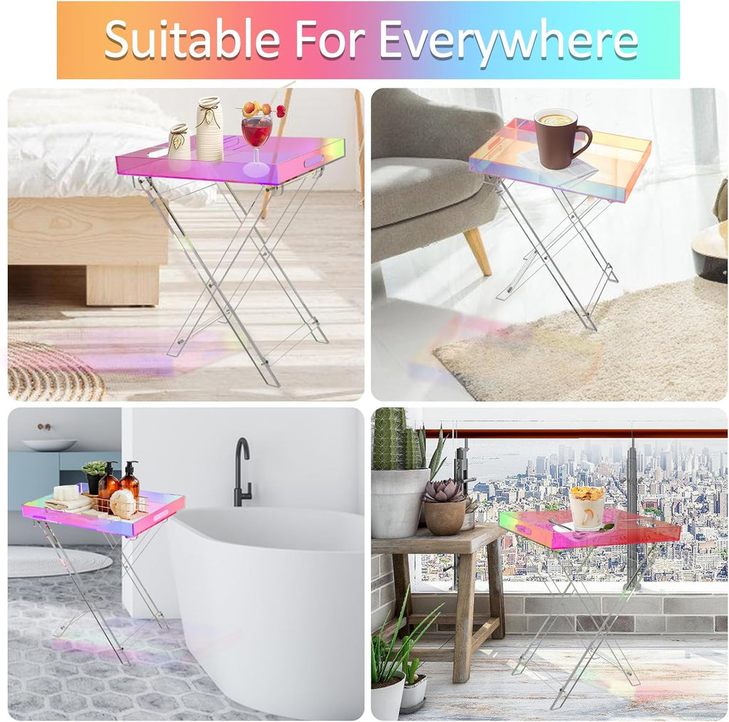 Acrylic Folding Tray Table, Rainbow Color Acrylic Coffee Table, Iridescent Side Table Modern Accent Square End Table for Coffee, Drink, Food, Snack for Living Room & Bedroom