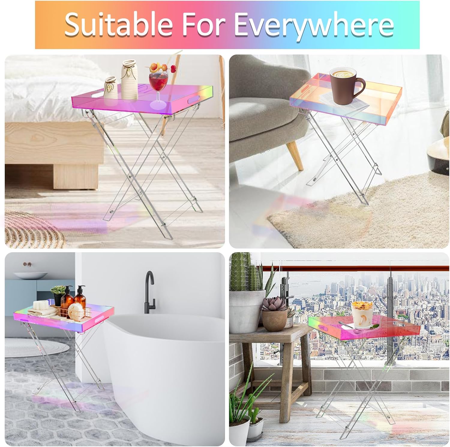 Acrylic Folding Tray Table, Rainbow Color Acrylic Coffee Table, Iridescent Side Table Modern Accent Square End Table for Coffee, Drink, Food, Snack for Living Room & Bedroom