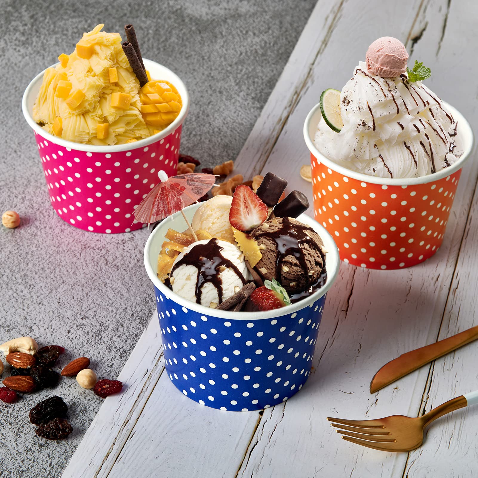 LITOPAK 120 opakowań 16 oz kubków do lodów, jednorazowe kubki na deser na zimne lub gorące jedzenie, kolorowe papierowe miseczki na zupy, desery lodowe i lody