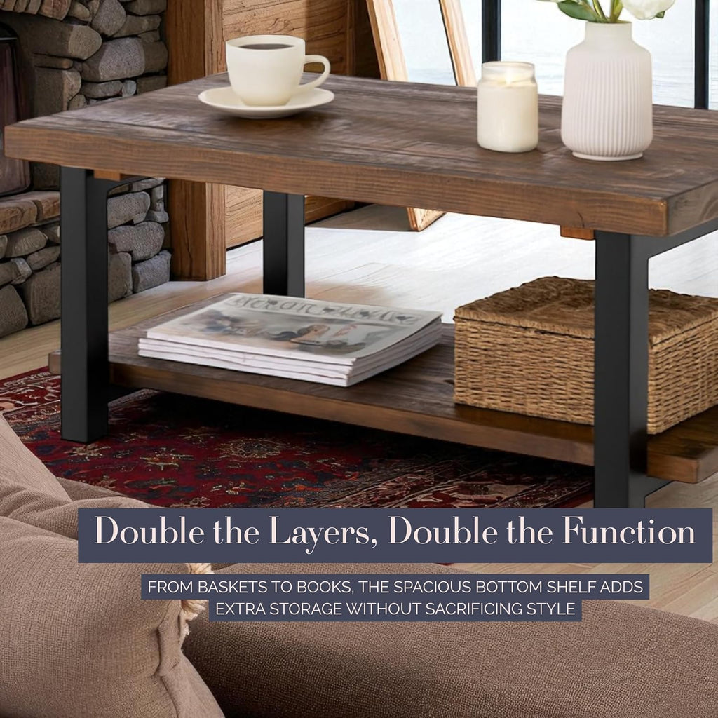 Alaterre Furniture Pomona Rustic Coffee Table with Storage Shelf - 42-Inch Industrial Modern Metal and Solid Wood Living Room Table - Easy Assembly Farmhouse Living Room Furniture (Rustic Natural)