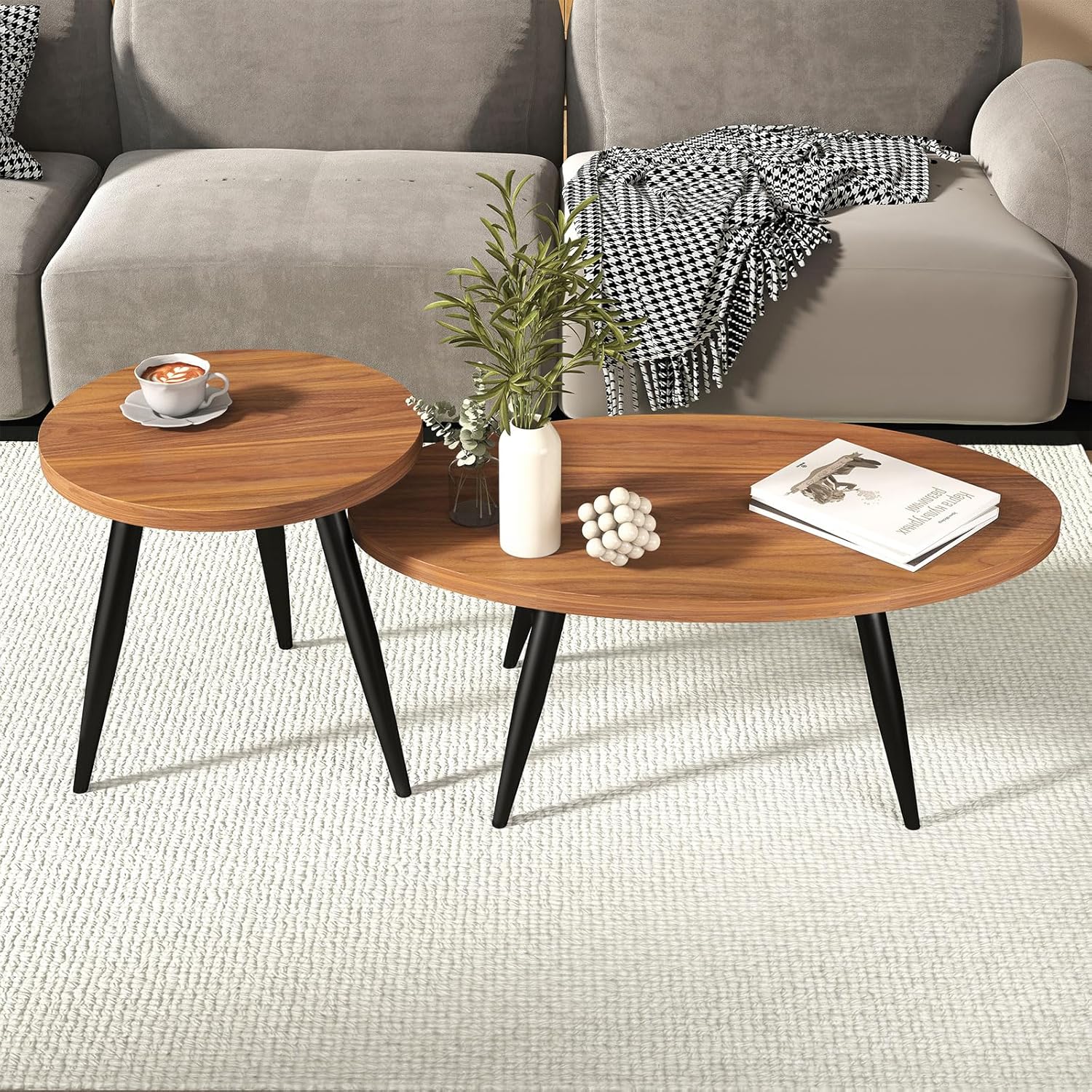 Coffee Table Set of 2, Accent Nesting Side Table, Sofa End Table for Farmhouse and Living Room (Brown)