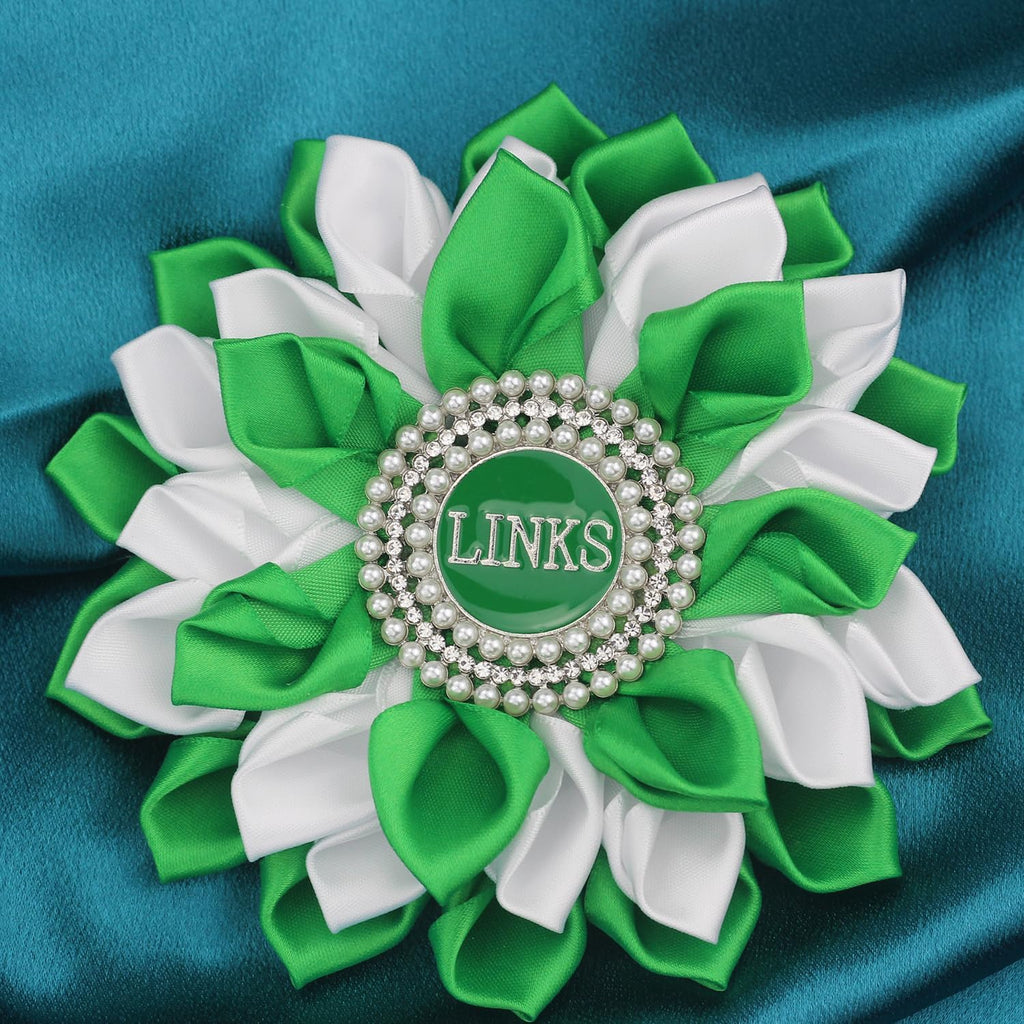Greek Sorority Paraphernalia Gift Sorority Brooch Pin for Women White & Green Satin 5.5" Pearl Flower Pin