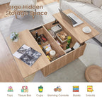 Square Coffee Table for Living Room, 35” Lift Top Coffee Table with Storage, Fluted Coffee Tables with Lifting Top, Mid Century Modern Center Tea Table for Home Office, Studio, Natural Oak