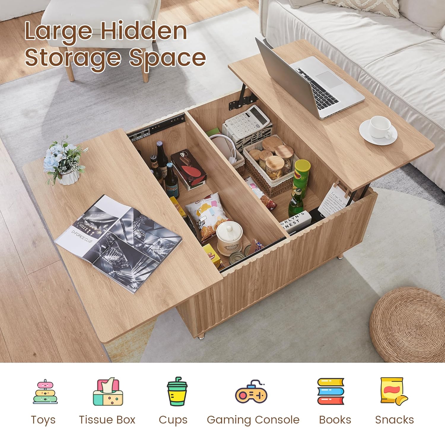 Square Coffee Table for Living Room, 35” Lift Top Coffee Table with Storage, Fluted Coffee Tables with Lifting Top, Mid Century Modern Center Tea Table for Home Office, Studio, Natural Oak