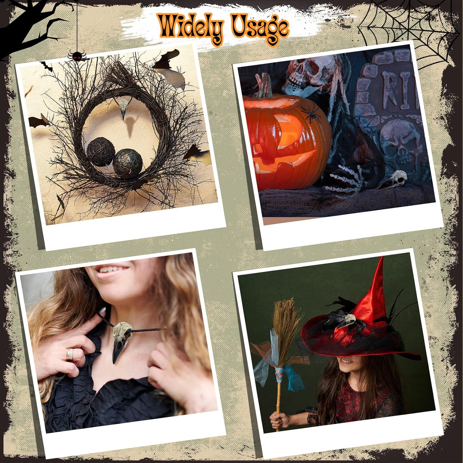 Geetery 4 Pcs Halloween Raven Skull Figurine Scavenger Gothic Crow Hanging Wall Sculpture Resin Raven Skull Statue for Home Faux Bird Bone Jewelry Necklace Decor (2.36 Inch)