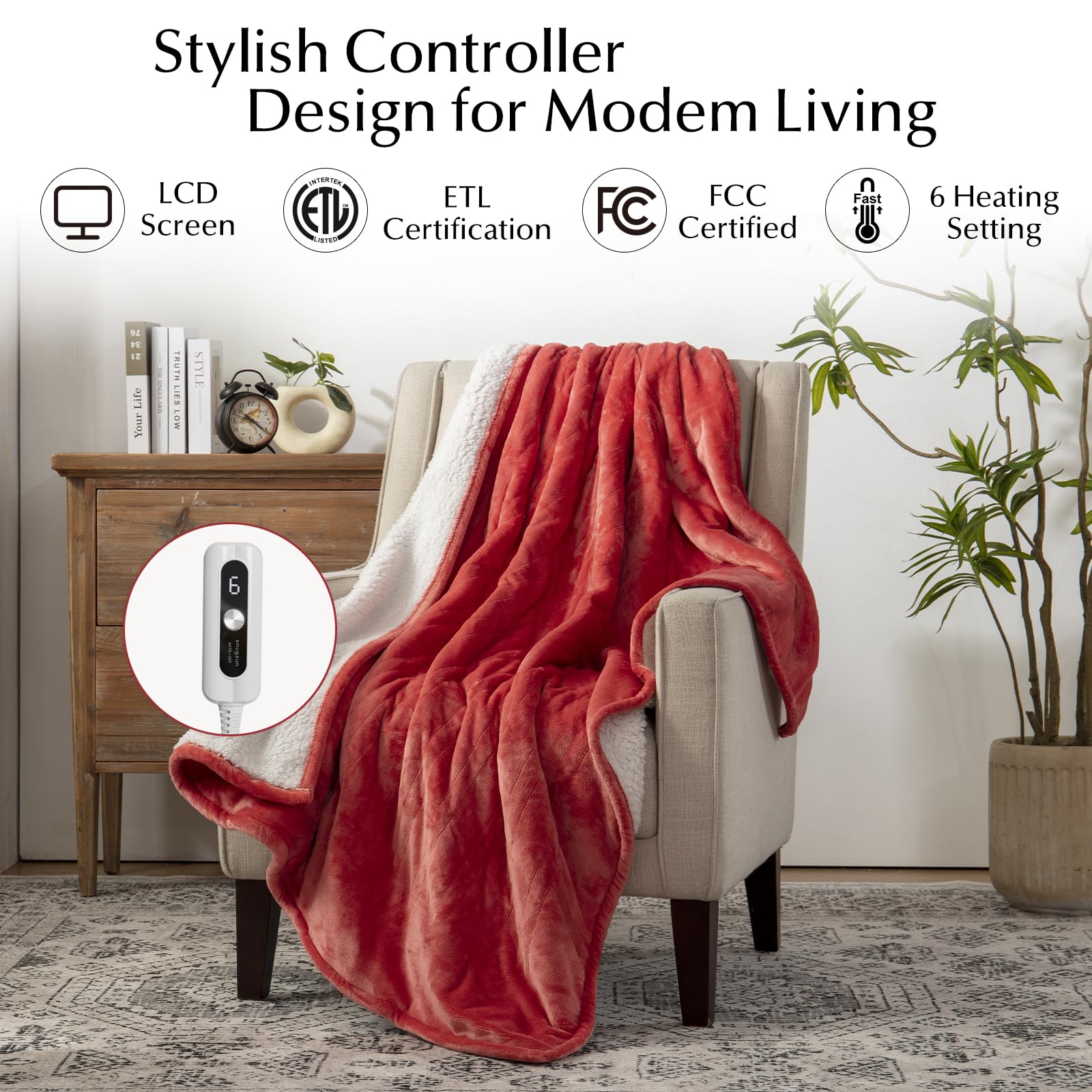 Heated Blanket Throw Size, Soft and Cozy Electric Heating Blanket for Bed, Automatic Safety System 6 Heating Levels & 4 Hours Auto-Off, 50" x 60" Dark Grey