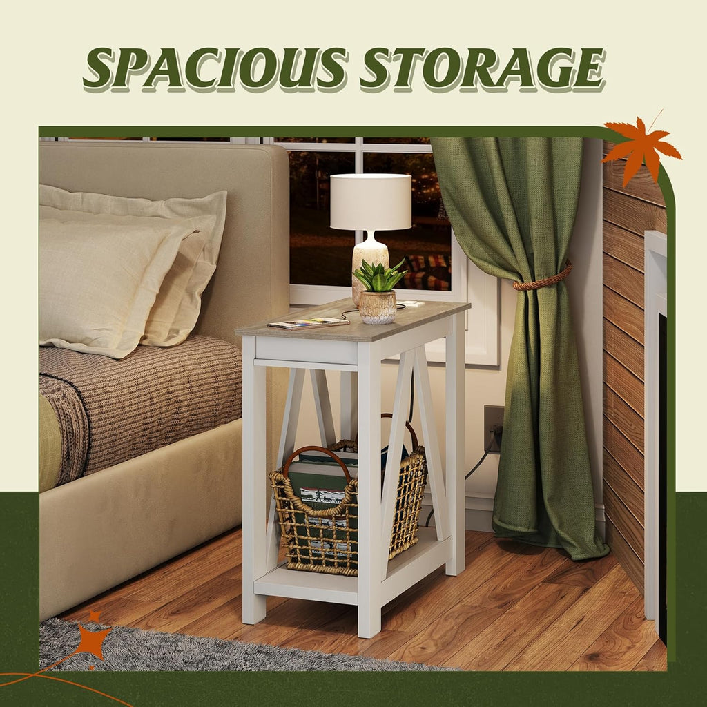 WLIVE Farmhouse End Table, Narrow Side Table with Charging Station, Slim End Table, Side Table for Bedroom, Living Room, Small Spaces, with 2 USB and 2 Power Outlets, 11.8" D x 23.6" W x 23.74" H