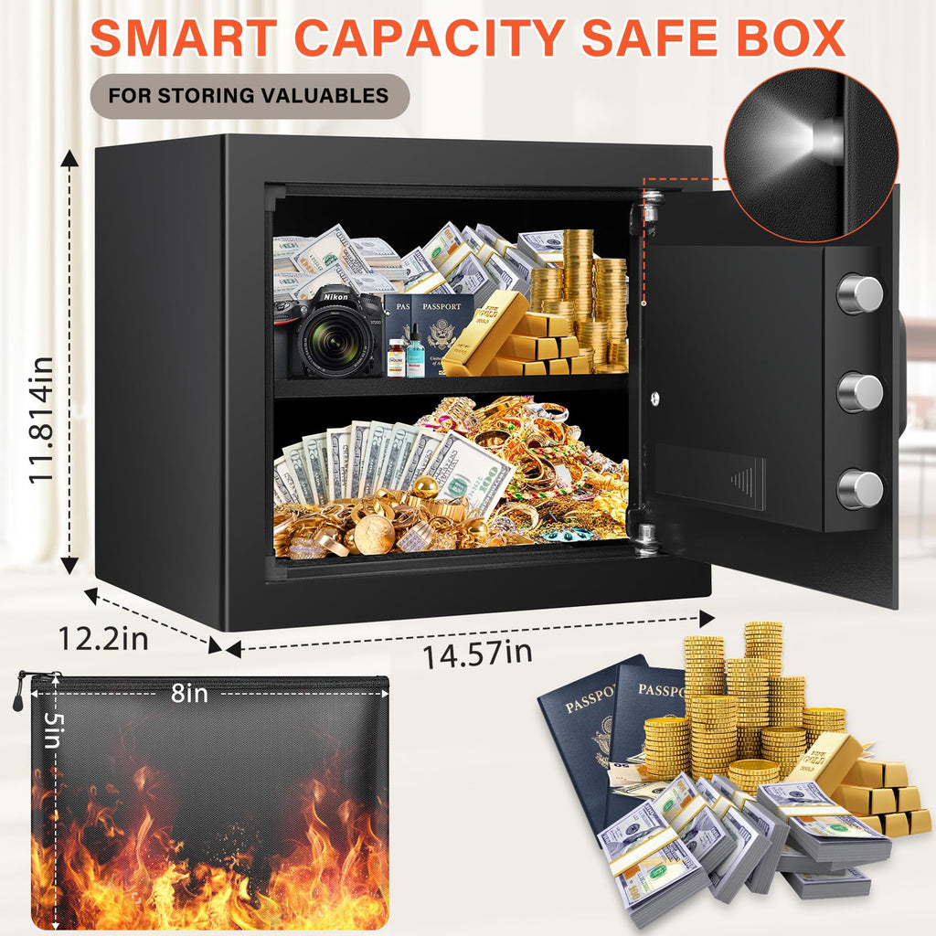 1.6 Cu Ft Home Safe Fireproof Waterproof, Fireproof Safe with Fireproof Document Bag, Programmable Keypad & Removable Shelf, Digital Home Security Safe Box for Money Firearm Medicines Valuables