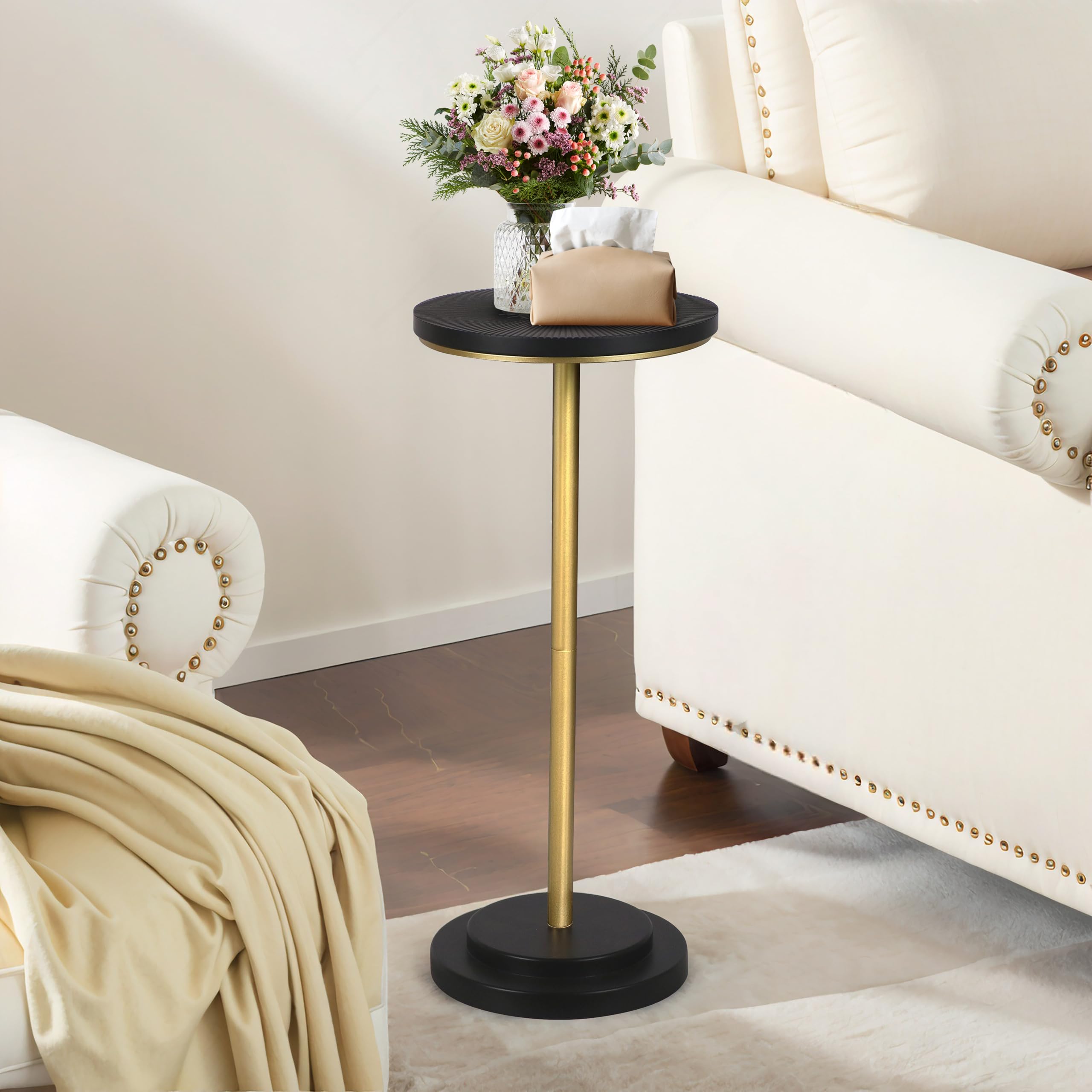 Drink Table, Carved Table Top Small Pdestal Martini SideTable for Living Room, Bedroom, Modern, Weighted Base, White and Gold