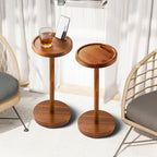 Drink Table, 24.4" Tall Compact Side Table with Phone Slot and Weighted Base, Durable Pedestal Table Accent for Living Room (Stepped Base, Acacia)