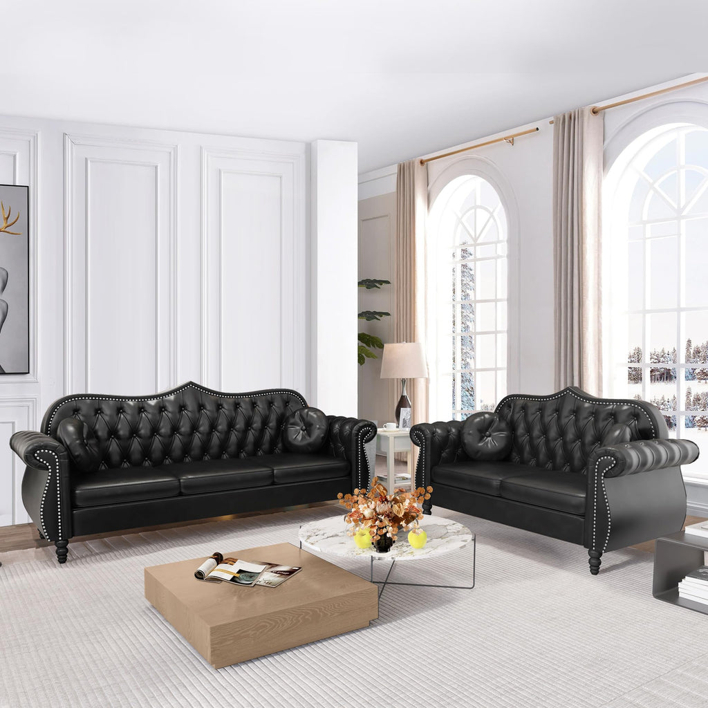 AVZEAR Chesterfield 3-Piece Living Room Sectional Sofa Set, Mid-Century Modern Upholstered PU Couch, Classic Tufted Button Sofa with Nailhead Trim for Living Room, Office (Brown)