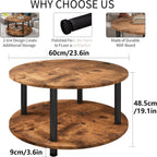 23.6" Round Coffee Table, 2-Tier Small Circle Coffee Table with Storage, Modern Center Accent Table with Metal Frame, Side Table End Table for Small Space, Living Room, Office, Rustic Brown