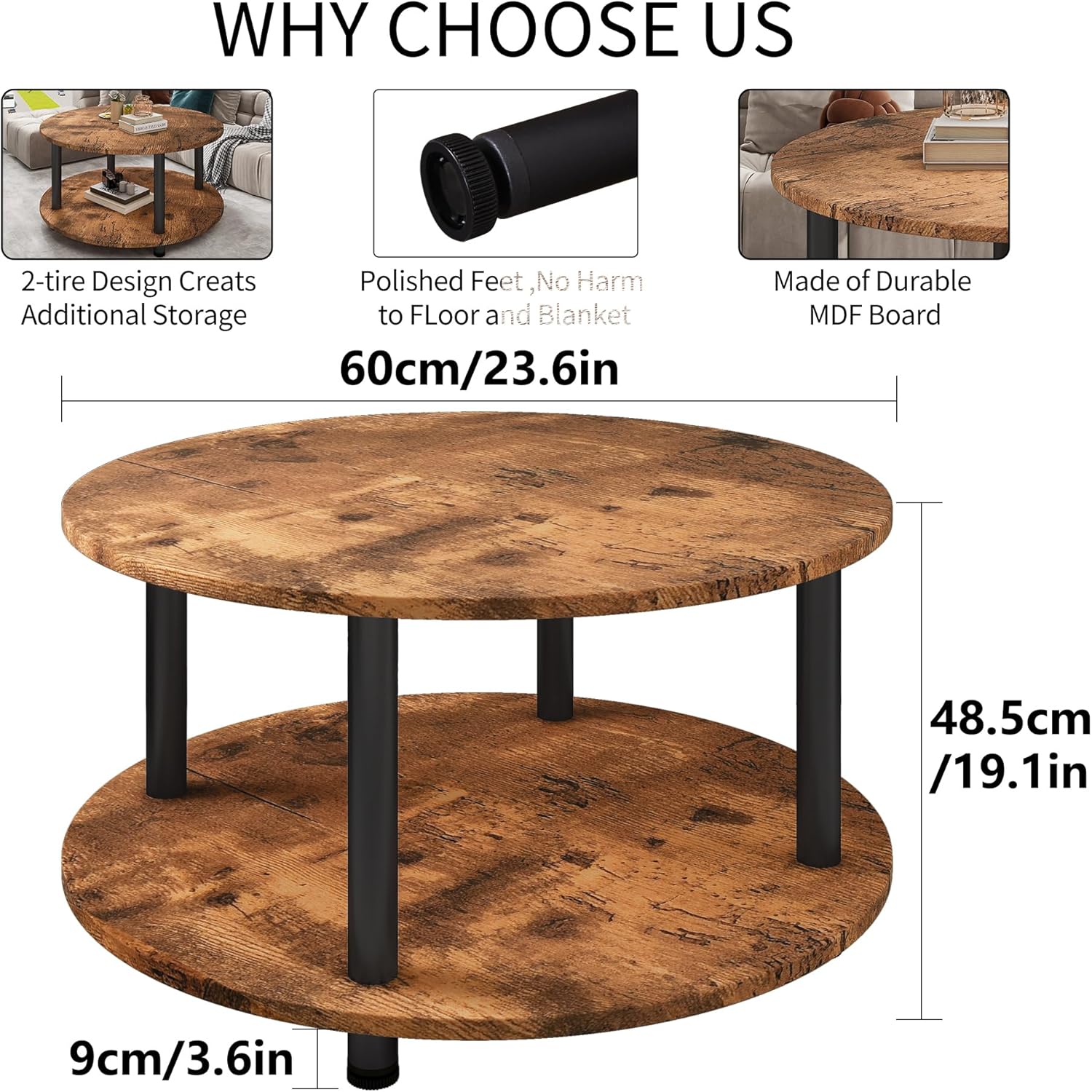 23.6" Round Coffee Table, 2-Tier Small Circle Coffee Table with Storage, Modern Center Accent Table with Metal Frame, Side Table End Table for Small Space, Living Room, Office, Rustic Brown