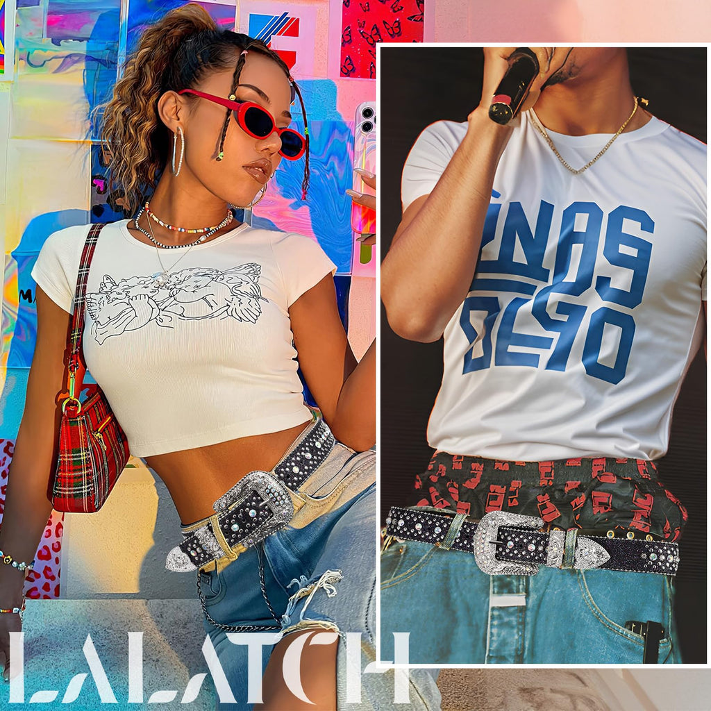 LALATCH Rhinestone Belt for Men Women, Cowboy Cowgirl Bling Western Diamond Leather for Jeans Pants, Silvery Rhinestone/Black