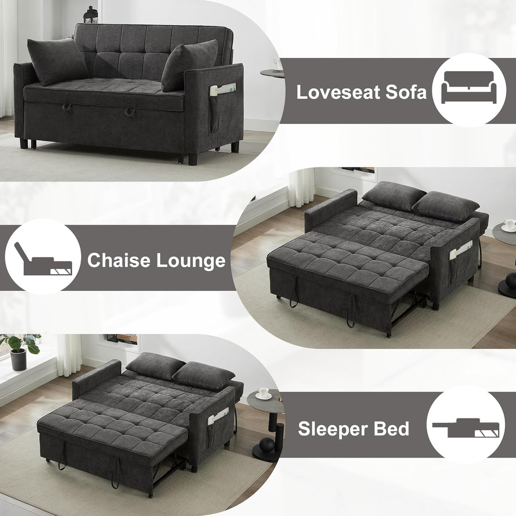 Tbfit 57" Convertible Sofa Bed, Chenille Futon Sleeper Sofa Couch with Pullout Bed, USB & Adjustable Backrest, Queen Size Pull Out Loveseat Couches for Living Room, Apartment, Office, Dorm, Dark Grey
