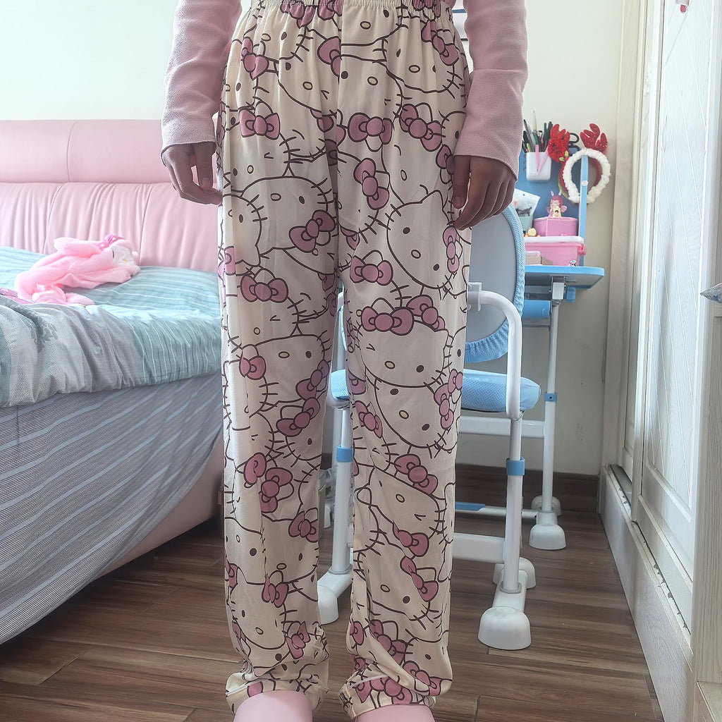 Kawaii Pajamas Pants for Women Girls Cute Cat Anime Cartoon Print Fashion Sleep Pajama Pants Comfy Loungewear (L)