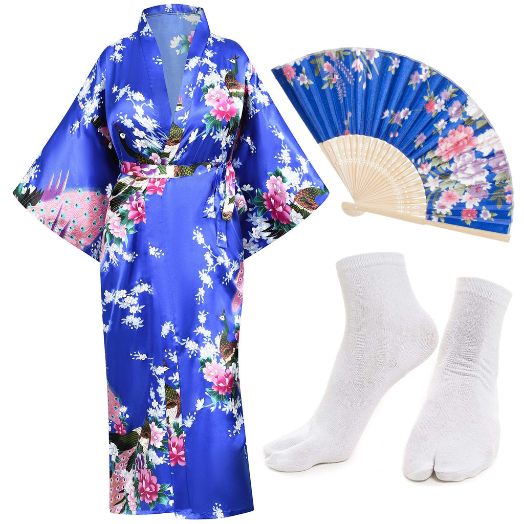 Heone Kimono Satin Peacock Printed Lightweight Cardigan Jacket Coat Yukata Cloak Bathrobe Tops folding Fans Tabi Socks Set