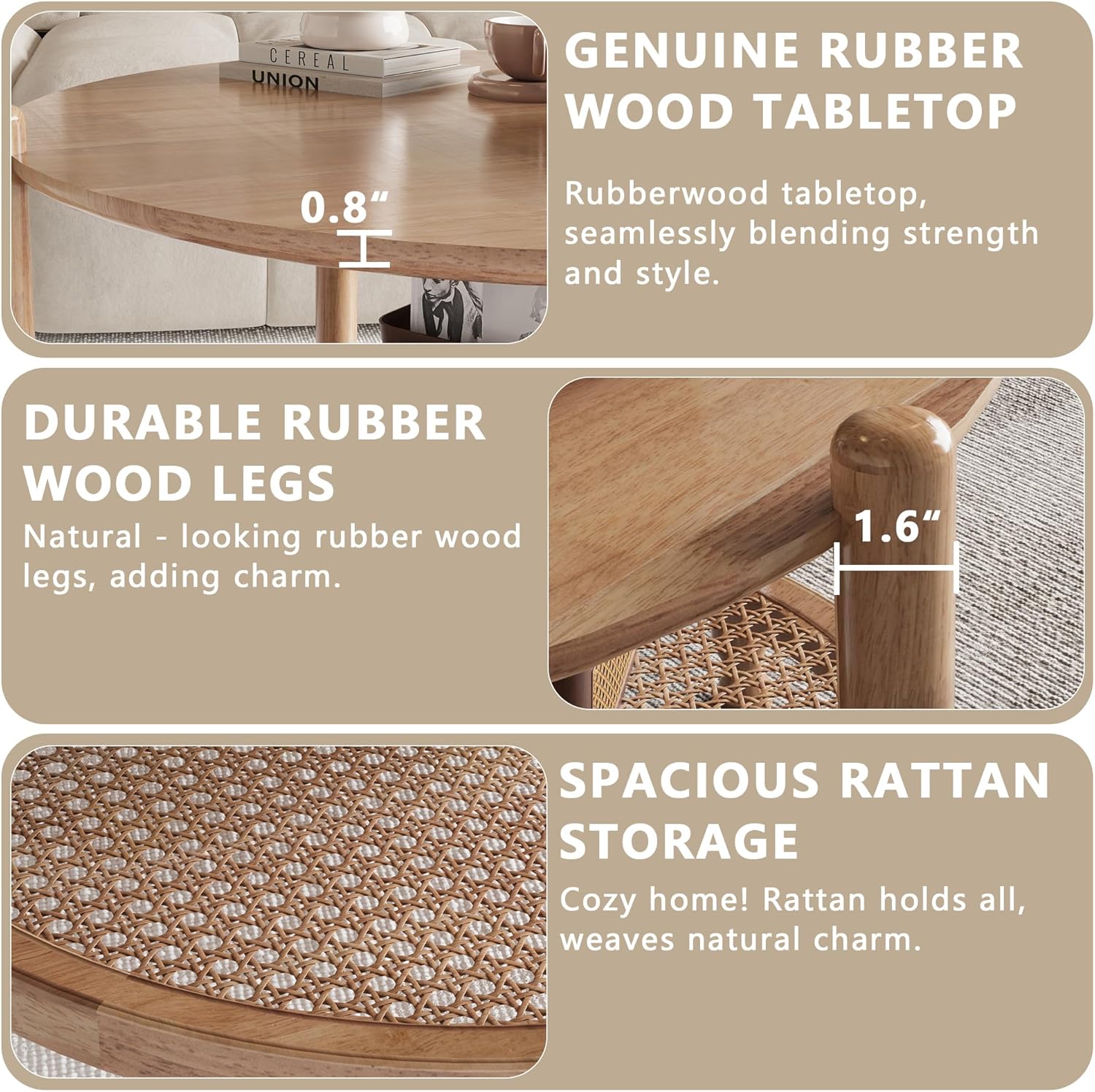 Solid Wood Round Coffee Table, 32 Inch 2-Tier Living Room Center Table with Woven Rattan Shelf, Modern Farmhouse Boho Design, Easy to Assemble, Natural Wood