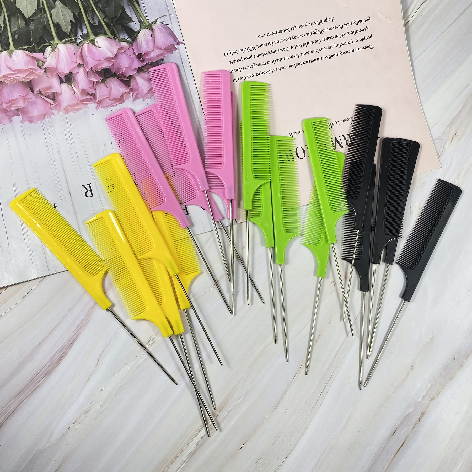 20 Pcs Hair Rat Tail Combs Parting Rattail Combs Teasing Fine Tooth Comb Metal Hair Pick Detangling Combs Set for Women