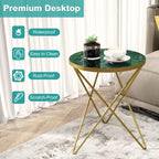 HLR Modern Round Side Table, End Table with Marble Effect Top and Gold Metal Frame, Small Side Table for Living Room, Bedroom, Sofa and Couch, Gold Legs, Green Marble top