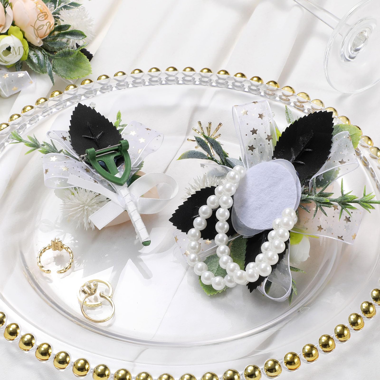 MYXUANFA 2PCS Wrist Corsage and Boutonniere Set, Corsage Wristlet for Prom Decor Champagne Corsages Artificial Flowers Boutonniere for Men Wedding Flowers Bride Bridesmaid Party Suit Decoration