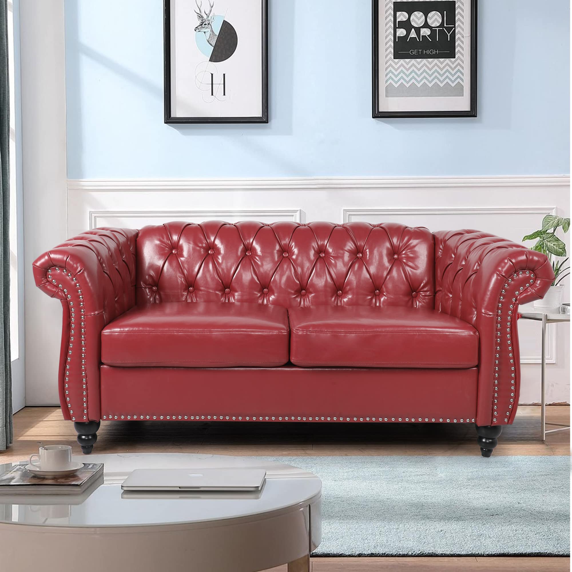 LEVNARY Chesterfield Sofa, Classic Tufted Upholstered Leather Couch, Modern 3 Seater Couch Furniture with Tufted Back for Living Room Office (Black)