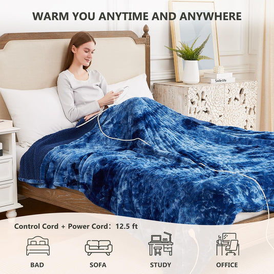 Homemate Heated Blanket Electric Throw - 50x60 Heating Blanket Throw 5 Gears Auto-Off 10 Heat Levels Heat Blanket Over-Heat Protection Luxury Faux Fur Sherpa Heater Blanket Electric ETL Certification