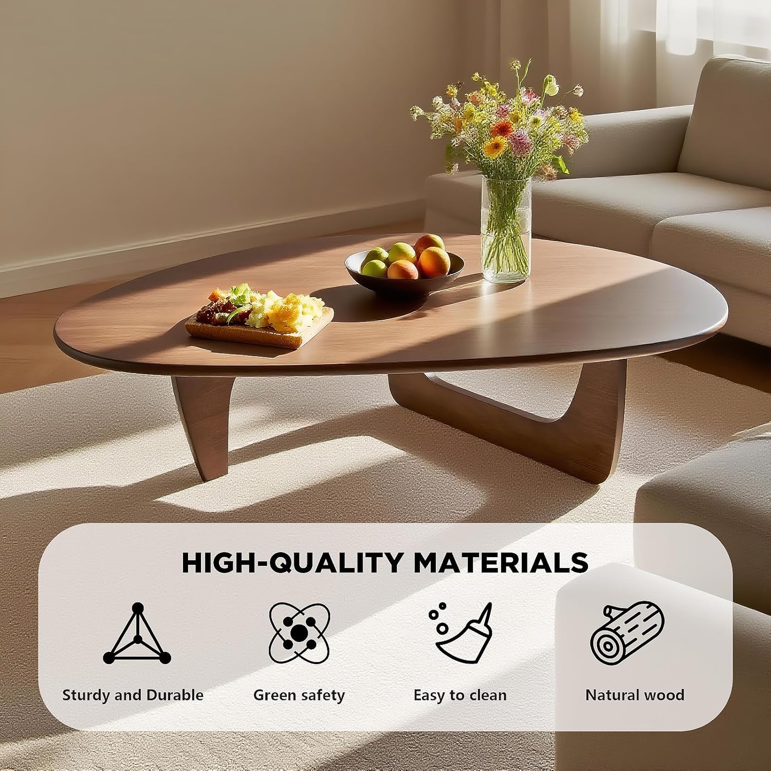 Modern Triangle Coffee Table: Unique Funky Soild Wood Coffee Tables for Living Room, Wooden Oval Mid-Century Modern Abstract Tea Tables for Patio Office Balcony Walnut 35" L x 24" W x 16" H